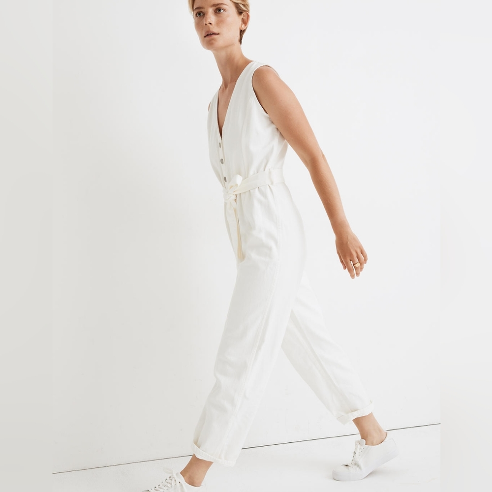 Madewell White Denim Tie-Waist Jumpsuit NWT Size S.
